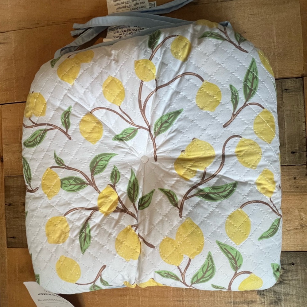 Lemon / Blue Gingham Reversible Seat Cushion set of 4 NWT - Picture 2 of 11